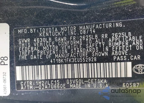 2014 Toyota Camry Se V6 из США, поврежденный, VIN 4T1BK1FK3EU552928